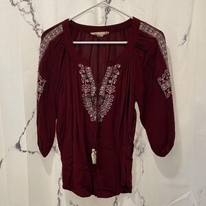 Embroidered Boho Burgundy Flowy Women's Top